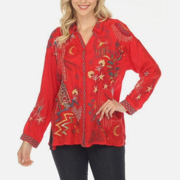 Johnny Was Biya Red Julez Embroidered Button Front Blouse